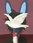 ambiguous_gender anthro black_tie_(suit) blue_body blue_fur brown_hair clothing duo feral fur hair male solo suit bloowolfy hope_(bloowolfy) avian bird columbid dove lagomorph leporid mammal rabbit 2022 bust_portrait hi_res lineless portrait