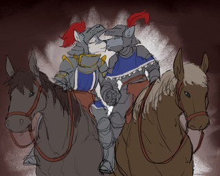 ambiguous_gender anthro armor bridle duo female feral hand_holding kiss_on_lips kissing knight mount plate_armor riding saddle tack warrior revertigo jaclyn_(revertigo) canid canine canis equid equine horse mammal wolf 5:4 hi_res sketch