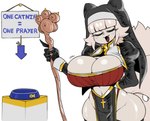 anthro big_breasts big_tail breasts cleavage clothed clothing cross eyes_closed fangs female fur hair huge_breasts huge_thighs midriff motion_lines navel nun nun_outfit open_mouth smile solo staff tail teeth text thick_thighs white_body white_fur white_hair wide_hips cibastion catmaid_(cibastion) domestic_cat felid feline felis fish mammal marine