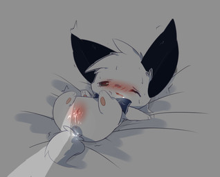 bed_sheet bedding black_ears blush bodily_fluids female feral fur genital_fluids genitals kemono lying on_back one_eye_closed shadow solo vulva white_body white_fur young young_female young_feral deaic canid canine mammal 2016