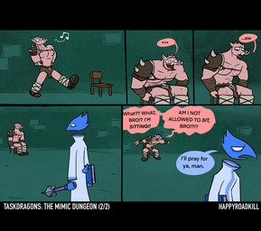 5_panel_comic abs anthro barbarian boots bottomwear clothing dialogue duo footwear half-closed_eyes humor loincloth mace male melee_weapon muscle_tone muscular muscular_anthro muscular_male narrowed_eyes open_mouth open_smile pecs pink_body pink_skin robe shoes smile speech_bubble text tusks weapon wide_eyed happyroadkill task_dragons avian bird domestic_pig mammal suid suine sus_(pig) english_text hi_res