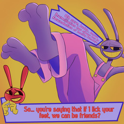 3_toes 4_fingers blush bodily_fluids duo feet fingers foot_fetish half-closed_eyes hands_behind_head hindpaw humiliation male male/male narrowed_eyes nervous nervous_smile nervous_sweat paws purple_body smug_grin sweat sweatdrop text text_box toes ceo_of_paws glitch_productions the_amazing_digital_circus evil_jax_(tadc) jax_(tadc) lagomorph leporid mammal rabbit 1:1 english_text hi_res