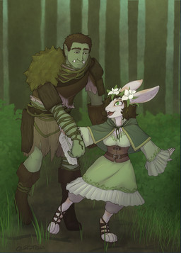 armor boots bottomwear breasts brown_hair clothed clothing dress duo female floral flower flower_crown flower_garland footwear forest fully_clothed fur garland grass hair happy large_teeth leather leather_armor male open_mouth plant sandals shawl shoes size_difference skirt smaller_female standing tree vines white_body white_fur blokfort half-orc human humanoid hybrid lagomorph leporid mammal orc rabbit 2021 hi_res