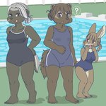 anthro barefoot breast_size_difference breasts clothed clothing day detailed_background feet female group humanoid_feet one-piece_swimsuit outside plantigrade poolside question_mark school_swimsuit standing swimwear trio water ekaki510 badger gulonine honey_badger lagomorph leporid mammal mustelid musteline rabbit wolverine 1:1