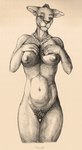 breasts female gem hand_on_breast jewelry looking_at_viewer mature_female necklace nipples nude pearl_(gem) pearl_necklace pubes solo diorionarh cougar felid feline mammal absurd_res cross-hatching hatching_(art) hi_res shaded