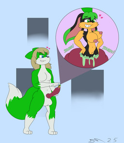 black_body black_fur black_nose blonde_hair blue_eyes cock_vore female fur genitals green_body green_eyes green_fur green_hair hair macro male micro penile penis size_difference size_play vore willing_prey dirtymac canid canine fox lagomorph leporid mammal rabbit absurd_res hi_res
