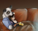 anthro black_hair chest_tuft clothed clothing duo eyes_closed female food fur furniture gloves_(marking) hair male male/female markings sleeping sofa tuft white_body white_fur yellow_eyes nikolokinina evie_o'connor mutt_(acev) canid canine canis domestic_dog hybrid lagomorph leporid mammal rabbit 2018 6:5 absurd_res hi_res