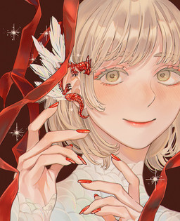 3_toes ambiguous_gender blonde_hair claws colored_nails duo extreme_size_difference eyelashes feathered_wings feathers feet female feral flowing_hair gesture hair hand_gesture horn light_body light_skin lips looking_at_viewer looking_down micro nails quadruped raised_hands red_background red_body red_lips red_nails red_ribbon red_scales scales short_hair simple_background sitting sitting_on_another size_difference smile snout star tail tapering_horn tapering_tail thick_eyelashes thick_tail toes white_body white_feathers wings yellow_eyes sasakura34 delicious_in_dungeon european_mythology mythology falin_touden red_dragon_(delicious_in_dungeon) dragon humanoid mythological_creature mythological_scalie scalie western_dragon 2026 headshot_portrait hi_res portrait shaded soft_shading