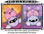 ambiguous_gender armor blue_eyes duo from_behind_position male male/ambiguous mask no_pupils orange_background pauldron purple_background sex simple_background sleeping text yellow_eyes nathan_yaffe collegehumor kirby_(series) nintendo pokemon super_smash_bros. meta_knight generation_1_pokemon jigglypuff pokemon_(species) waddling_head english_text