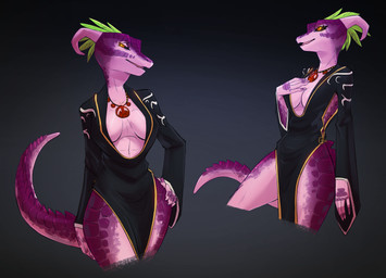 2_horns 5_fingers anthro biped black_clothing black_dress breasts brown_sclera claws cleavage clothed clothing dress female finger_claws fingers hand_on_hip hand_on_own_chest hand_on_own_hip horn jewelry necklace no_underwear open_mouth open_smile orange_eyes purple_body purple_scales scales smile snout solo standing tail tail_ridge tapering_tail wide_hips conditional_dnp shido-tara bethesda_game_studios microsoft skyrim the_elder_scrolls argonian scalie hi_res sketch