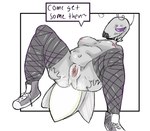 alternative_fashion antennae_(anatomy) anthro bodily_fluids breasts clothing collar dialogue female fishnet_clothing genital_fluids genitals goth grey_body lying mandibles on_back purple_eyes pussy solo spiked_collar spikes spreading vaginal_fluids discodemon converse arthropod beetle elateroid firefly insect hi_res