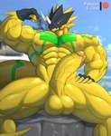 abs anthro balls biceps big_muscles big_penis blurred_background claws clothing day detailed_background erection fangs fist flexing genitals gloves green_body green_eyes green_scales handwear huge_muscles huge_penis looking_at_viewer male muscular muscular_anthro muscular_male nipples nude outside pecs penis scales sitting solo spread_legs spreading teeth vein veiny_muscles veiny_penis yellow_body e-zoid bandai_namco digimon bulkmon digimon_(species) scalie 2021 absurd_res hi_res