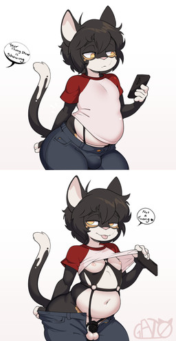 anthro cellphone chastity_belt chastity_bulge chastity_cage chastity_device clothed clothing electronics femboy flashing harness holding_object holding_phone male overweight phone short_sleeves smartphone solo speech_bubble standing text tongue underwear underwear_peeking gat0bodegero bra_strap_showing_(meme) domestic_cat felid feline felis mammal absurd_res hi_res meme