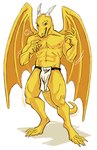 abs anthro back_wings bedroom_eyes bottomwear clothing curved_horn digitigrade half-closed_eyes horn loincloth male membrane_(anatomy) membranous_wings muscle_tone muscular muscular_anthro muscular_male narrowed_eyes pecs scales seductive simple_background smile smirk smug smug_face smug_grin solo white_background wings yellow_body yellow_membrane yellow_scales jariloxe mythology dragon mythological_creature mythological_scalie scalie winged_dragon hi_res