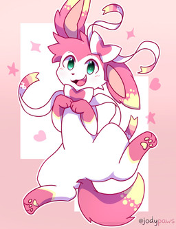 looking_at_viewer male open_mouth open_smile pawpads smile solo spread_legs spreading jody_grape nintendo pokemon doty_(jody) fan_character eeveelution generation_6_pokemon pokemon_(species) sylveon hi_res
