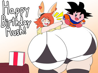ambiguous_gender anthro big_breasts bikini breasts clothing eyebrows female female_anthro fingers hair happy happy_birthday heart_pupils heart_symbol huge_breasts hyper hyper_breasts open_mouth orange_eyebrows orange_eyes orange_hair smile solo swimwear thick_thighs tongue two-piece_swimsuit thelazydreamer dragon_ball kirby_(series) nintendo clare_(themushlord) goku kirby lagomorph leporid mammal rabbit waddling_head 2024 4:3 hi_res