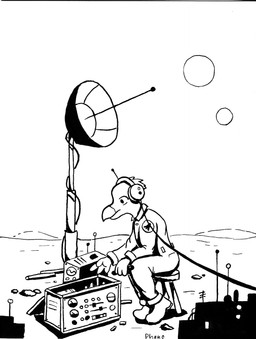 alien_planet ambiguous_gender anthro clothing electronics equipment headphones male moon multiple_moons multiple_suns oscilloscope overalls radio satellite_dish solo space sun phano avian bird columbid dodo recently_extinct_species hi_res monochrome