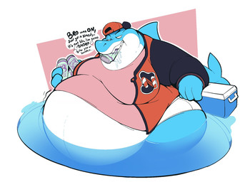 annoyed anthro belly big_belly bite blue_body blue_skin bottomwear can cheek_bulge chubby_cheeks clothing container cooler dialogue double_chin fangs fin hat headgear headwear holding_can holding_container holding_object huge_belly jacket jock letterman_jacket liquid male moobs morbidly_obese morbidly_obese_anthro morbidly_obese_male obese obese_anthro obese_male overweight overweight_anthro overweight_male partially_submerged pink_clothing pink_shirt pink_topwear red_cap red_clothing red_jacket red_topwear shirt shorts sitting snout solo tail talking_to_viewer teeth text topwear white_body white_bottomwear white_clothing white_shorts white_skin boot_(artist) jared_(boot) aquatic fish shark 2020 english_text hi_res
