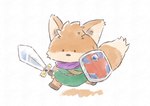 ambiguous_gender anthro barefoot biped brown_body brown_eyes brown_fur brown_nose chibi clothed clothing countershade_face countershade_fur countershading dipstick_tail dot_eyes feet front_view fully_clothed fur green_clothing head_tuft holding_melee_weapon holding_object holding_shield holding_sword holding_weapon kemono leg_markings looking_at_viewer markings melee_weapon mouthless multicolored_body multicolored_ears multicolored_fur multicolored_tail orange_body orange_ears orange_fur orange_tail purple_scarf running scarf shield simple_background socks_(marking) solo standing sword tail tail_markings tan_body tan_countershading tan_fur tan_inner_ear tan_tail tan_tail_tip tuft two_tone_ears two_tone_tail weapon white_background tokotoko_coffee tunic_(video_game) ruin_seeker canid canine fox mammal 2024 colored digital_media_(artwork) digital_painting_(artwork) full-length_portrait portrait three-quarter_portrait