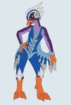 anthro armor beak brown_eyes claws clothing feathers feet female fingers holding_object looking_at_viewer open_mouth orange_claws purple_body purple_feathers solo toe_claws toes zipper harolthedragon activision skylanders stormblade avian bird hi_res