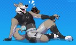 2024 absurd_res anthro athletic athletic_anthro athletic_male belt bennycartoonist blue_background boots bottomwear canid canine canis claws clothing dotted_background duo ear_piercing ear_ring emanata epic_games eyebrows feral fingerless_gloves footwear fortnite fur gloves grey_body grey_fur handwear hat headgear headwear hi_res male mammal multicolored_body multicolored_fur open_mouth open_smile pattern_background piercing ring_piercing rodent sciurid shadow shoes shorts simple_background sitting smile straps teeth toeless_boots toeless_footwear tongue topwear tree_squirrel tuft two_tone_body two_tone_fur vest walnut_(fortnite) wendell_(fortnite) wolf yellow_sclera