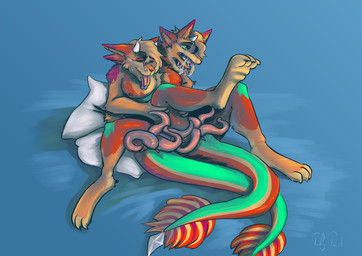 2_heads 2_mouths 2_tongues 3_legs 3_toes 4_ears anthro blade blue_background bodily_fluids conjoined drooling duo feet forked_tongue fur genitals green_body green_eyes green_fur green_tail hair horn inner_ear_fluff long_feet lying male male/male merge_transformation merging multi_ear multi_genitalia multi_head multi_mouth multi_penis multi_tail multi_tongue multicolored_body multicolored_fur multicolored_hair nipples on_back on_pillow orange_body orange_fur orange_hair penis penis_tentacles pillow pointed_tail raised_leg red_body red_fur saliva simple_background spread_legs spreading tail tail_blade tail_hair teeth tentacles toes tongue tongue_out transformation tuft weapon_tail tafy_tail hybrid mammal species_request hi_res signature