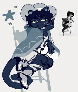 ambiguous_gender anthro boots chair clothing cowboy_hat footwear furniture half-closed_eyes hat headgear headwear narrowed_eyes on_chair poncho pose shoes stool tear_trough jackaroni catnappers koda_(catnappers) domestic_cat felid feline felis mammal