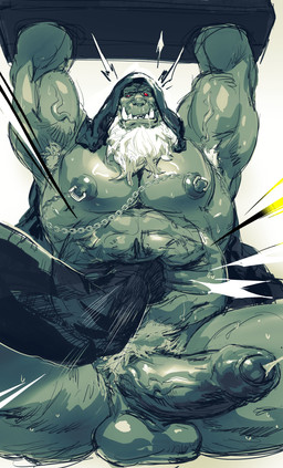 anthro armpit_hair balls beard bodily_fluids body_hair cloak clothing disembodied_hand drooling ejaculation erection facial_hair foreskin front_view genitals green_body hands_above_head humanoid_genitalia humanoid_penis male muscular muscular_male nipple_chain nipple_piercing nipple_ring nipples penis piercing pubes punch red_eyes restraints ring_piercing ryona saliva shaking snot solo spread_legs spreading stocks sweat unretracted_foreskin vein veiny_muscles veiny_penis white_beard white_facial_hair hudifeiren blizzard_entertainment warcraft gul'dan orc absurd_res hi_res sketch