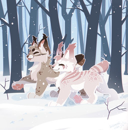 ambiguous_feral ambiguous_gender antlers brown_body brown_fur butt_tuft cheek_tuft chest_tuft closed_smile duo eyes_closed facial_tuft feral fur head_tuft horn mouth_closed open_mouth open_smile outside plant side_view smile snow snowing tree tuft whiskers white_body white_fur bloominglynx yukki_kirai felid feline lynx mammal hi_res