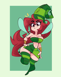 absolute_territory armwear big_breasts boots bottomwear breasts butt clothing emanata eyelashes female footwear freckled_breasts freckled_butt freckled_face freckles green_background green_bottomwear green_clothing green_hat green_headwear green_legwear green_skirt green_thigh_boots green_thigh_highs hair hand_on_hip hat headgear headwear insect_wings legwear light_body light_skin navel pattern_clothing red_eyes red_hair shoes simple_background skirt small_waist solo spiral_navel striped_clothing stripes thick_thighs thigh_boots thigh_highs wide_hips wings dkajart rayman_(series) ubisoft betilla fairy humanoid nymph winged_humanoid hi_res