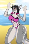 4_fingers anthro beach beach_side blush blush_lines breasts clothed clothing cloud female fin fingers gesture glistening glistening_body grey_body hand_over_head handles_on_back handles_on_thighs inflatable latex looking_at_viewer medium_breasts navel nozzle permagrin pool_toy purple_clothing red_eyes shark_tail sharp_teeth simple_background smile smiling_at_viewer solo standing swimwear tail teeth topwear unusual_navel water white_body axelferdinan beholdervee amelie_(daniel156161) daniel156161_(character) animate_inanimate fish living_inflatable marine scalie shark 2022 2:3 absurd_res alternate_version_at_source digital_drawing_(artwork) digital_media_(artwork) hi_res
