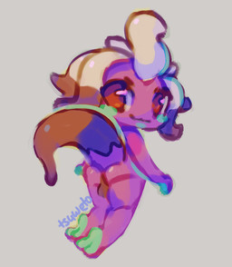 anthro backsack balls biped butt chibi genitals grey_background levitating looking_at_viewer looking_back looking_back_at_viewer male male_anthro purple_body shaded_sketch simple_background smile smiling_at_viewer solo tail text three-quarter_view young young_male tsuweto houchic_(temtem) 2026 artist_name clip_studio_paint_(artwork) digital_media_(artwork) digital_painting_(artwork) painting_(artwork) signature sketch