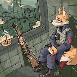 anthro boots city cityscape clothing cloud ears_up footwear fur gun male orange_body orange_fur ranged_weapon shoes sky smoke solo tail weapon yellow_body yellow_fur mawkvlt hi_res