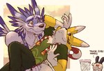 anthro bridal_carry carrying_another clothing dramatic duo fur male male/male shirt smile striped_body striped_fur stripes t-shirt topwear trash_can yellow_body yellow_eyes yellow_fur dahecksajerry bandai_namco digimon digimon_(species) garurumon kyubimon