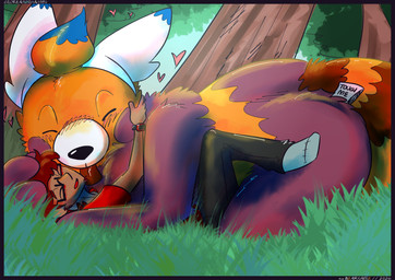 blush blush_lines clothed clothing cuddling eyes_closed female fully_clothed fur hair hand_on_head licking male male/female orange_body orange_fur plushie_tag red_hair size_difference tongue tongue_out screamoshaymin nintendo pokemon auria_jansson blake_rothenberg bewear generation_7_pokemon human mammal pokemon_(species) hi_res trans_(lore) trans_woman_(lore)