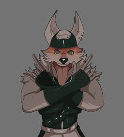 anthro clothed clothing crossed_arms looking_at_viewer male parody smile smiling_at_viewer solo tongue tongue_out pinumontbalou danganronpa epic_games fortnite spike_chunsoft wendell_(fortnite) canid canine canis mammal wolf hi_res