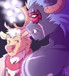 anthro antlers duo horn humor male male/male muscular muscular_anthro muscular_male nipples pecs scar that1greenbro girl_staring_at_man's_chest lifewonders tokyo_afterschool_summoners krampus_(tas) yule_(tas) deer mammal monster new_world_deer reindeer hi_res meme