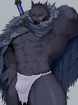 abs anthro armpit_focus armpit_hair blep body_hair bottomwear bulge cape clothing facial_scar fur fur_cape fur_clothing grey_body grey_fur loincloth male melee_weapon muscular muscular_arms muscular_legs muscular_male nipples pecs pubes purple_sclera raised_arm scar solo sword sword_on_back tongue tongue_out weapon mymu666 elden_ring fromsoftware blaidd_(elden_ring) canid canine canis mammal wolf 3:4