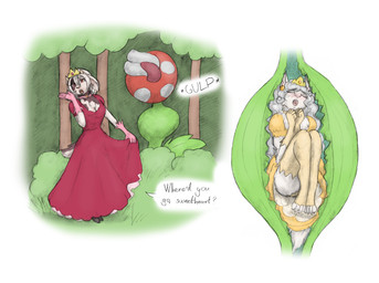 anthro blush clothed clothing crown dial dress eyes_closed feet female fingers forest fully_inside fur gloves group hair handwear headgear legwear open_mouth oral_vore outside plant standing stockings tail teeth text toes tongue tongue_out tree trio vore meowmere mario_bros nintendo bovid caprine domestic_cat elemental_creature felid feline felis flora_fauna goat mammal piranha_plant english_text hi_res
