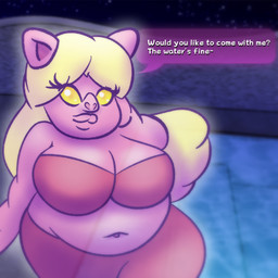 anthro big_breasts blonde_hair breasts clothing dialogue dialogue_box eyelashes eyelashes_through_hair female glowing glowing_body hair lips long_hair looking_at_viewer navel night overweight overweight_anthro overweight_female pig_nose pink_body pose smile solo speech_bubble swimming_pool swimwear text thick_lips translucent translucent_body translucent_hair yellow_eyes naked_dan luigi's_mansion mario_bros nintendo miss_petunia domestic_pig ghost human mammal spirit suid suine sus_(pig) 1:1 english_text