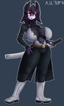 anthro beak big_breasts breasts cloak clothing female horn melee_weapon navel purple_body red_eyes solo sword thick_thighs torn_clothing weapon a.u.tumn avian bird owl absurd_res hi_res