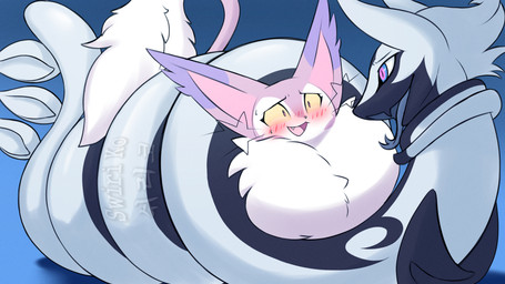 ambiguous_gender belly black_belly black_body blue_body blue_eyes blue_fur blue_hair blue_tongue blush blush_lines coiling cute_fangs dipstick_ears ear_markings eyebrows fangs feral fluffy fluffy_tail fur hair looking_at_another multicolored_body multicolored_ears open_mouth pink_inner_ear pink_pupils pupils purple_ear_tips solo tail teeth tongue two_tone_body whiskers white_body white_fur white_sclera yellow_sclera swiriko nintendo pokemon domestic_cat felid feline felis generation_4_pokemon generation_5_pokemon mammal pokemon_(species) purugly reptile scalie serperior snake 2025 watermark
