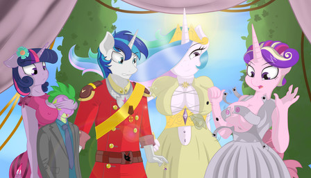 anthro anthrofied blue_eyes blue_hair breasts button_(fastener) button_dress cleavage clothed clothing covering covering_eyes covering_face crown dress female flower fully_clothed fur group hair headgear horn jewelry lacing male medal multicolored_hair necklace nipple_outline open_dress outside plant purple_body purple_eyes purple_fur purple_hair shrub sky sun two_tone_hair uniform wardrobe_malfunction artknorke friendship_is_magic hasbro my_little_pony mythology princess_cadance_(mlp) princess_celestia_(mlp) shining_armor_(mlp) spike_(mlp) twilight_sparkle_(mlp) dragon equid equine mammal mythological_creature mythological_equine mythological_scalie scalie unicorn 2014 7:4 absurd_res hi_res