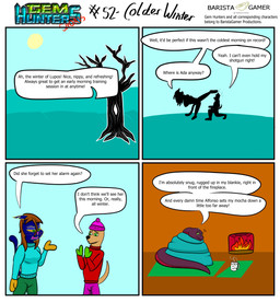 anthro beverage clothing coat cochlear_implant_processor coffee coffee_mug deaf dialogue female fireplace handwear male mittens rug shadow text topwear training winter baristagamerproductions ada_(gem_hunters) alfonso_(gem_hunters) phoebe_(gem_hunters) canid canine canis dingo felid feline mammal reptile scalie snake absurd_res comic english_text hi_res