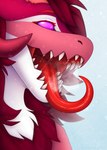 ambiguous_gender anthro bodily_fluids horn mouth_shot multicolored_body open_mouth purple_eyes red_body saliva saliva_string simple_background snow snowing solo steam teeth tongue tongue_out zegzagun wickerbeast absurd_res hi_res