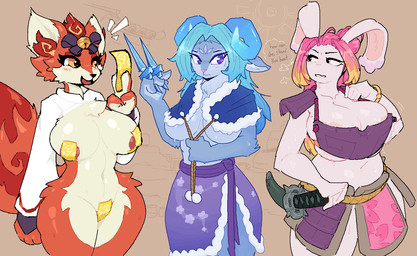anthro bell big_breasts blue_body blue_eyes blue_fur blue_hair blush bodily_fluids breast_squish breasts clothed clothing curled_horn dagger female fur group hair horn huge_breasts katana knife melee_weapon nipples orange_body orange_fur pasties pink_hair red_eyes simple_background smile squish sweat sword tail talisman text thick_thighs thought_bubble trio weapon white_body white_fur wide_hips baronflint conditional_dnp remanedur tisckale gunfire_reborn li_(gunfire_reborn) lyn_(gunfire_reborn) tao_(gunfire_reborn) bovid canid canine caprine fox lagomorph leporid mammal rabbit red_fox sheep true_fox artist_collaboration digital_media_(artwork)