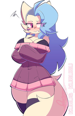 angry anthro big_breasts big_ears blue_hair blue_markings blush bottomwear bra breasts cheek_tuft clenched_teeth clothed clothing crossgender eyeshadow facial_markings facial_tuft female fluffy fluffy_tail frilly frilly_bra frilly_clothing frilly_underwear fur hair half-closed_eyes head_markings legwear lingerie lying makeup male markings narrowed_eyes pillow pink_clothing pink_eyes round_breasts skirt solo sweater tail teeth thick_thighs thigh_highs topwear tuft underwear white_body white_fur wide_hips kurus kiyoshi_(kurus) domestic_cat felid feline felis mammal digital_media_(artwork) hi_res signature