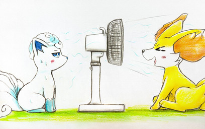 ambiguous_gender annoyed blue_eyes blush blush_lines bodily_fluids cooling_off duo eyes_closed fan_(object) feral fur half-closed_eyes inner_ear_fluff multi_tail narrowed_eyes open_mouth orange_body orange_fur paws simple_background sitting sweat tail tongue tuft white_body white_fur yellow_body yellow_fur eiroru nintendo pokemon alolan_form alolan_vulpix canid canine fennekin generation_6_pokemon generation_7_pokemon mammal pokemon_(species) regional_form_(pokemon) 2025 graphite_(artwork) hi_res traditional_media_(artwork)