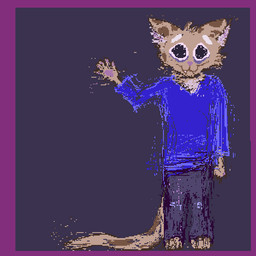 anthro blue_clothing blue_shirt blue_topwear border bottomwear brown_body brown_fur brown_tail clothing fangs fur gesture male pants purple_border purple_bottomwear purple_clothing purple_pants shirt smile solo tail teeth topwear waving waving_at_viewer demensa domestic_cat felid feline felis mammal 1:1 2017 digital_media_(artwork) pixel_(artwork)