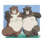 anthro balls belly big_belly brown_body brown_fur duo eyes_closed fur genitals hug humanoid_hands kemono male male/male moobs mostly_nude nude overweight overweight_male smile walking inunoshippo ghibli pom_poko canid canine mammal raccoon_dog tanuki 2023 hi_res